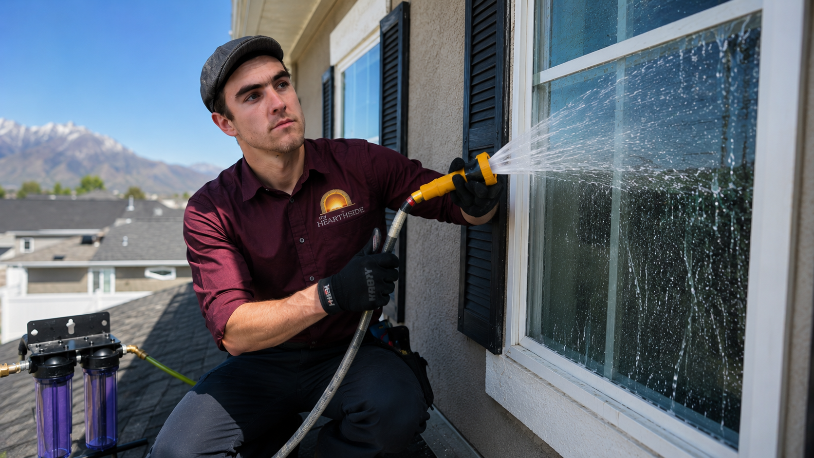 Jac rinsing a second-story window with a deionized water wand