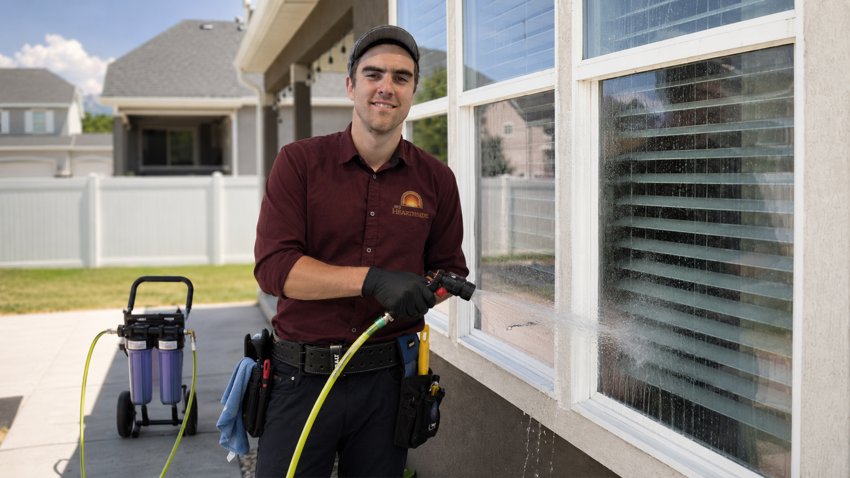 Jac carrying his deionized water equipment toward a job