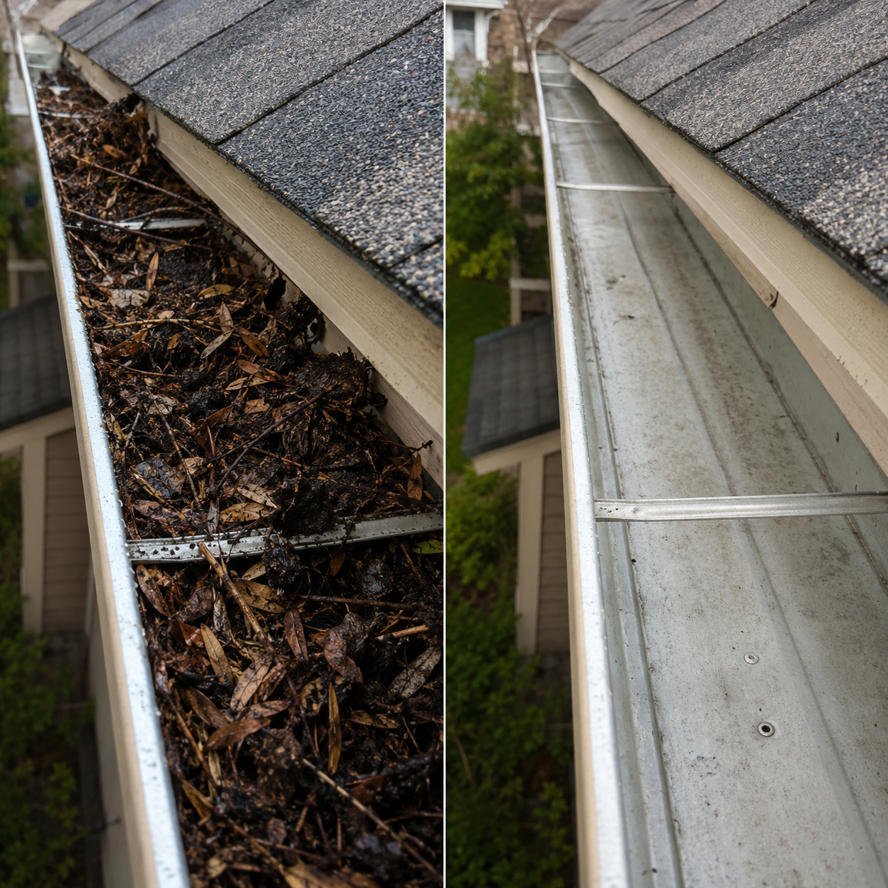Gutter full of leaves and debris next to a clean flowing gutter