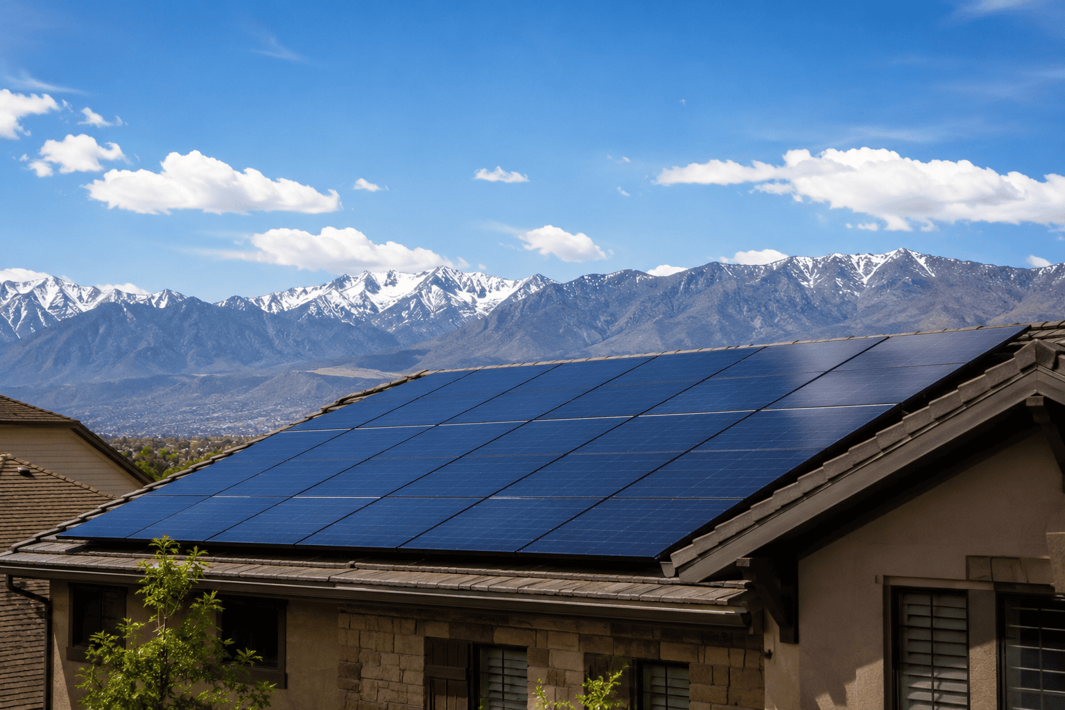 Clean solar array on a Utah County rooftop with mountains in the background