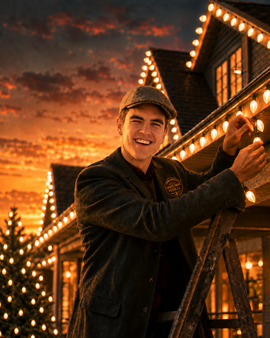 Jac in Christmas Peddler attire installing string lights along a roofline
