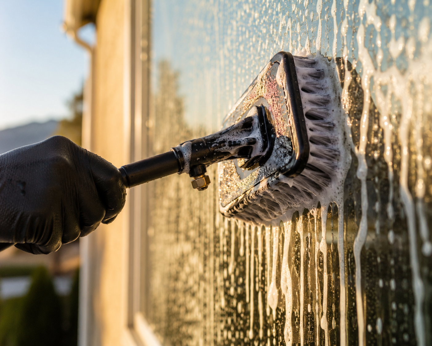 Close-up of a wand scrubber cleaning a window with soap and water