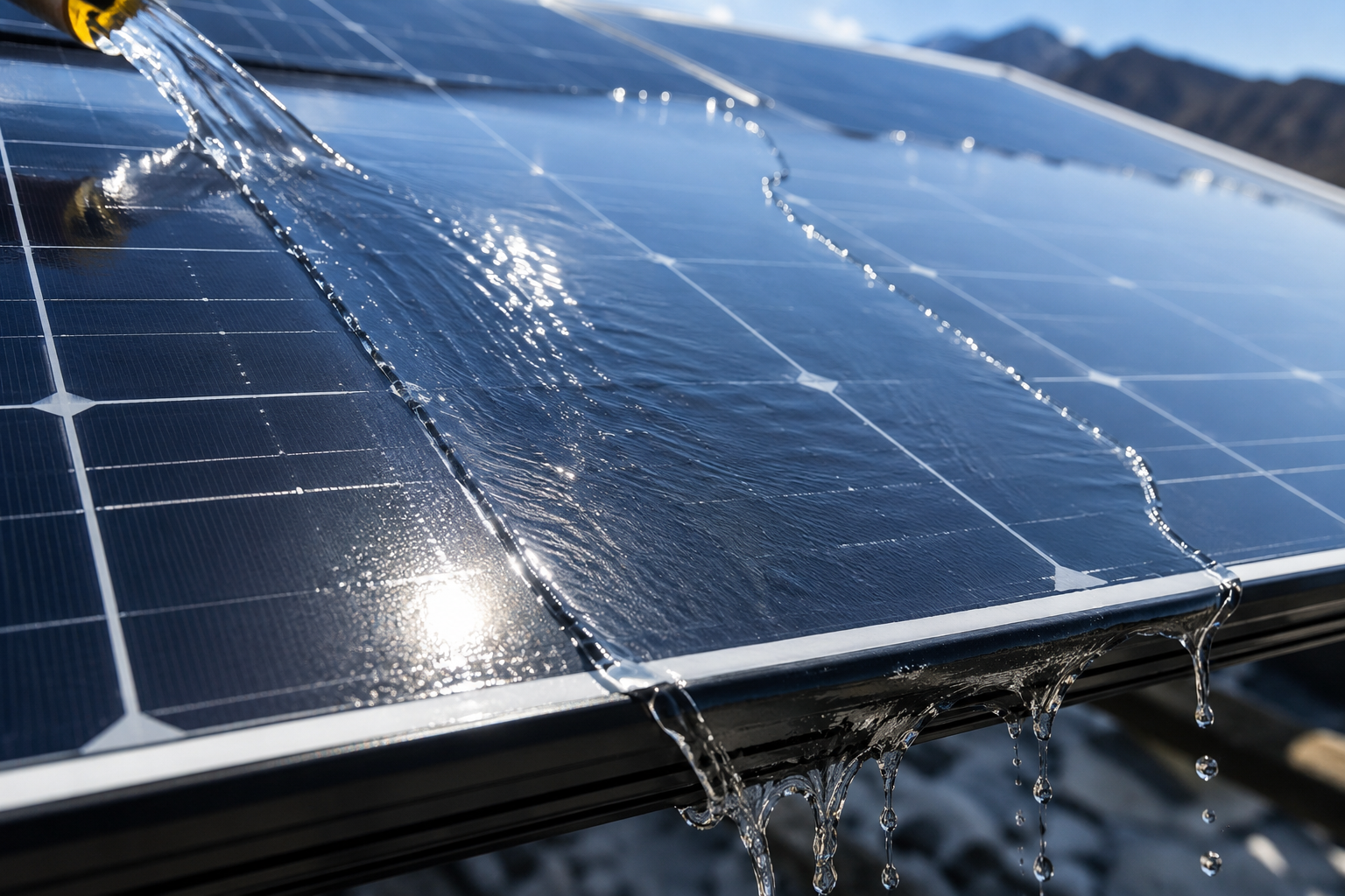Deionized water sheeting off a solar panel, spot-free