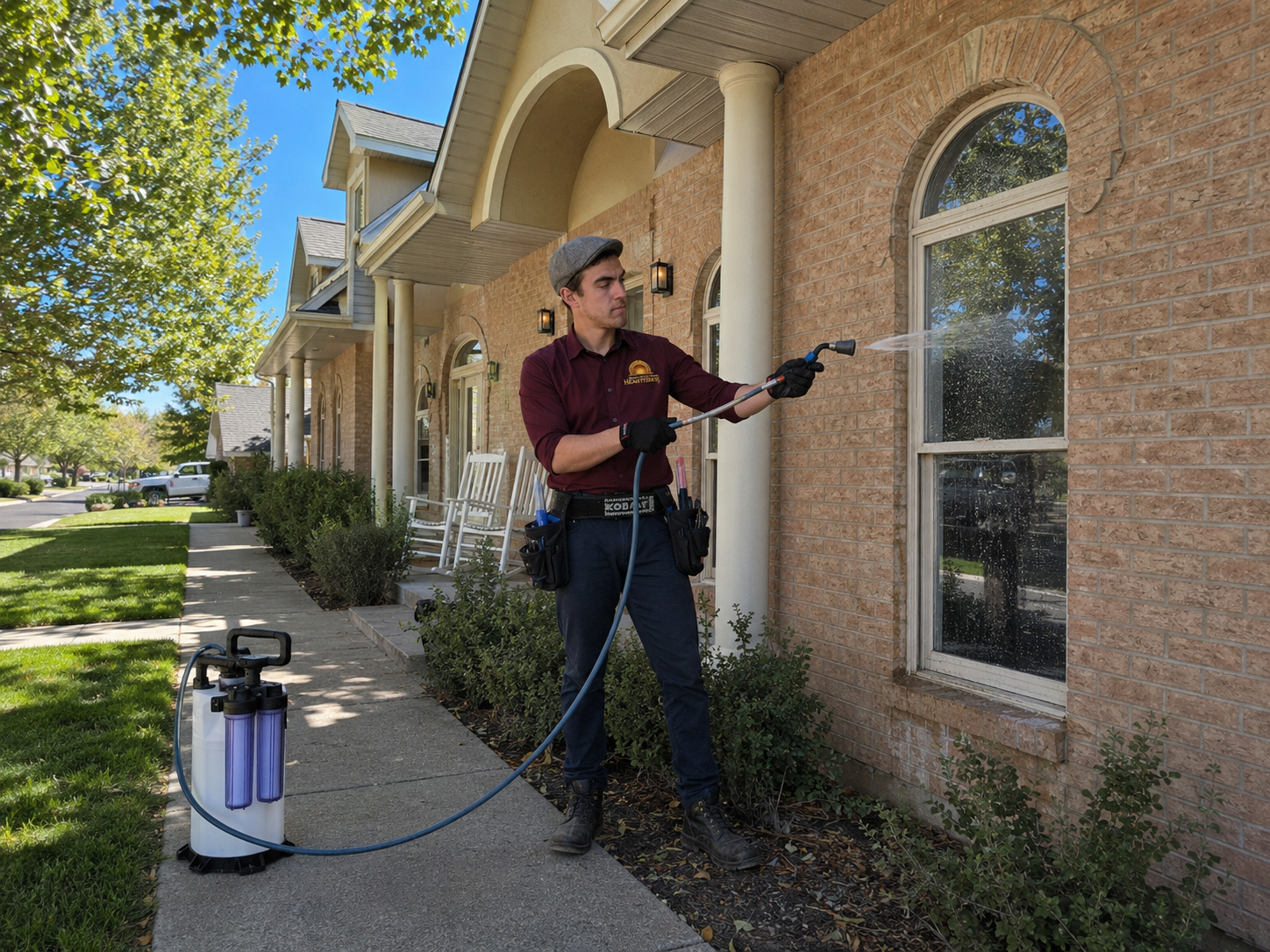 Close-up of Jac in his branded work shirt rinsing a window with the DI wand