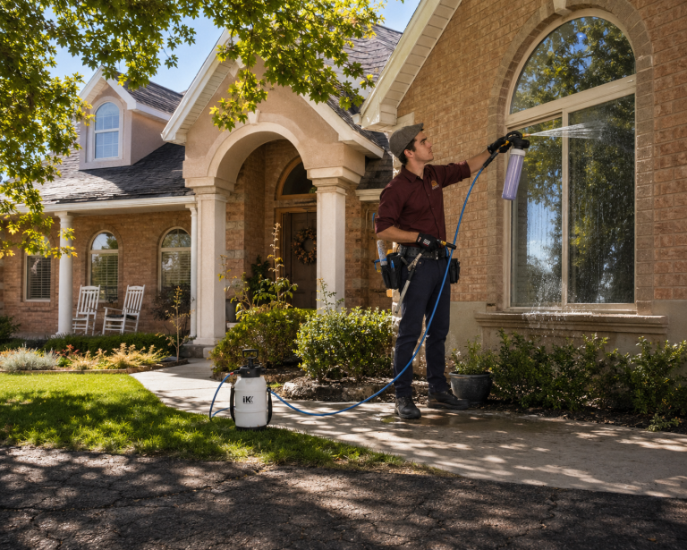Jac rinsing a large arched window with the DI sprayer, hose and canister visible on the walkway