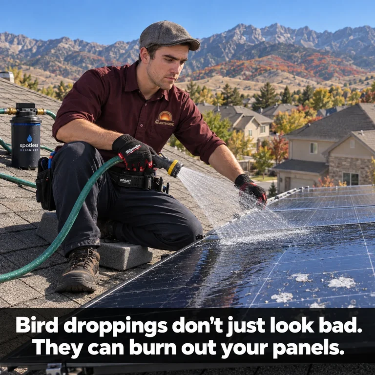 Jac from My Hearthside kneeling on a roof pitch block rinsing bird droppings off solar panels with deionized water, Wasatch mountains behind