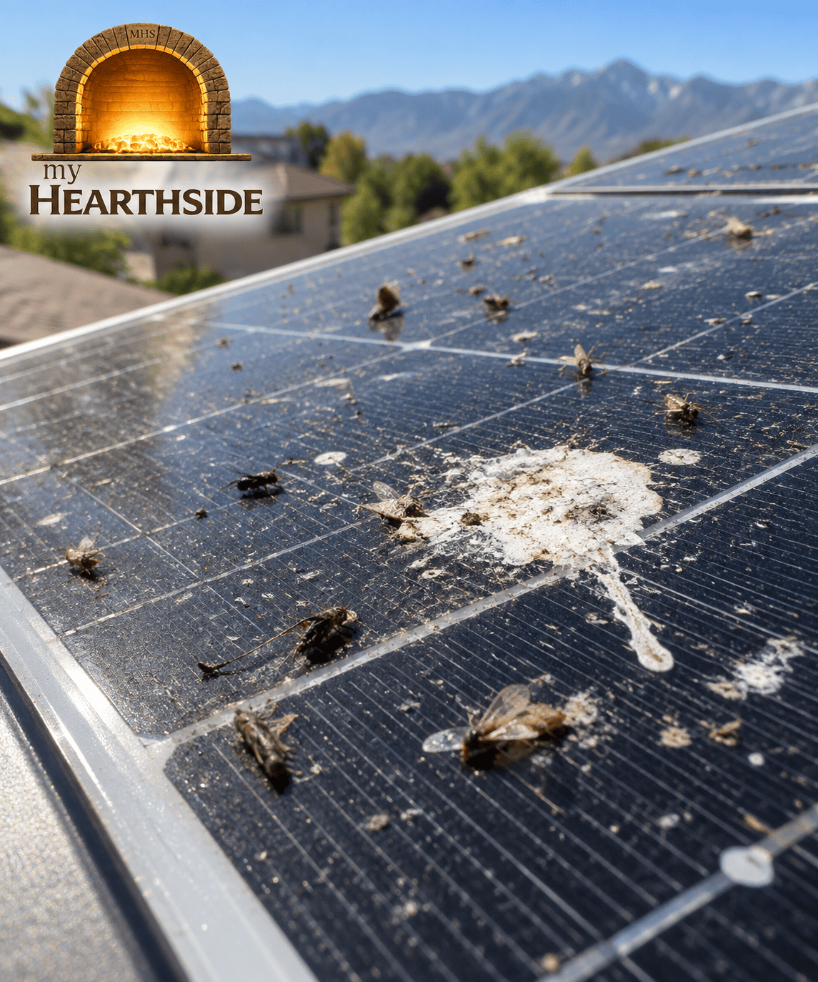 Dead insects and bird droppings on a solar panel