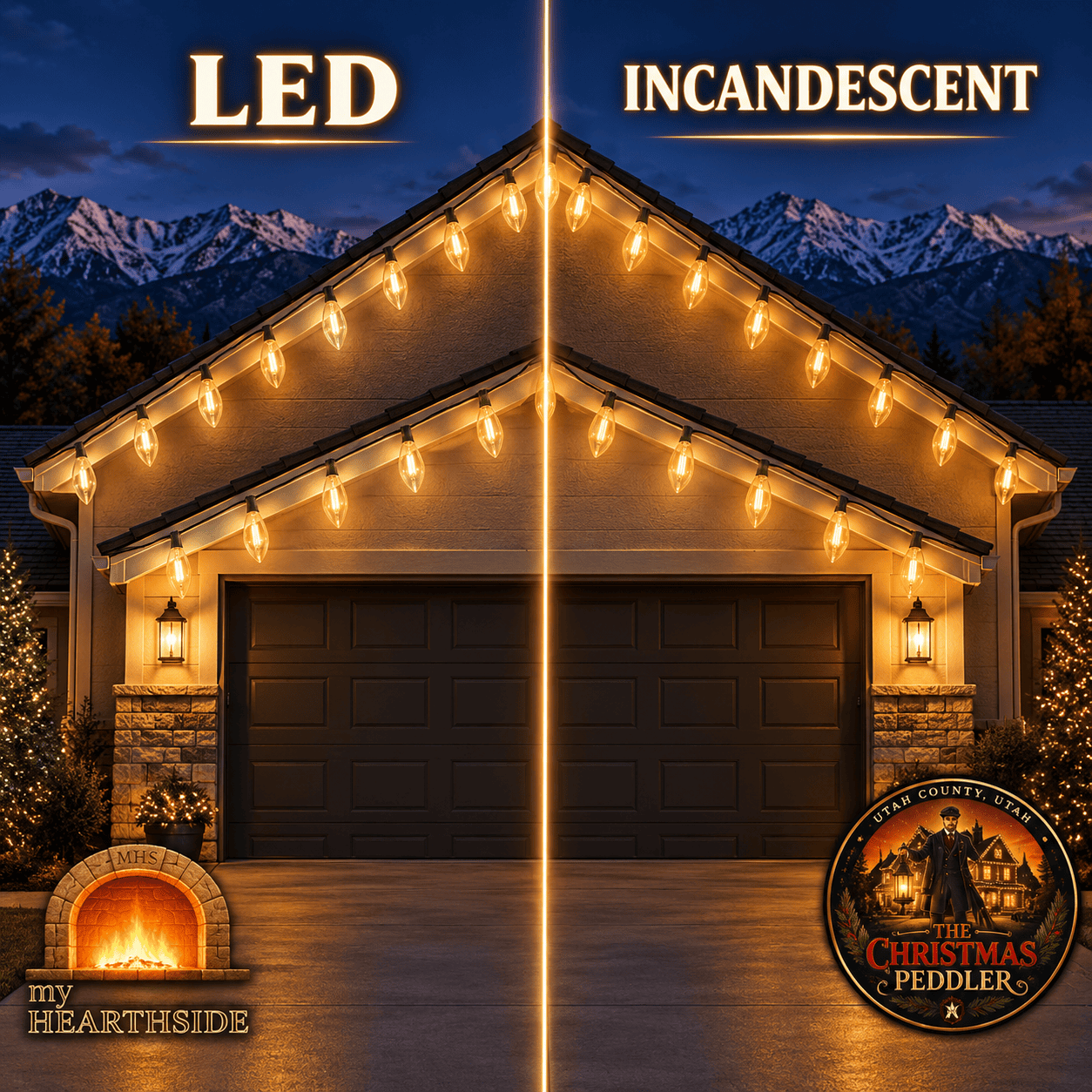 LED vs incandescent Christmas lights comparison, Utah County home